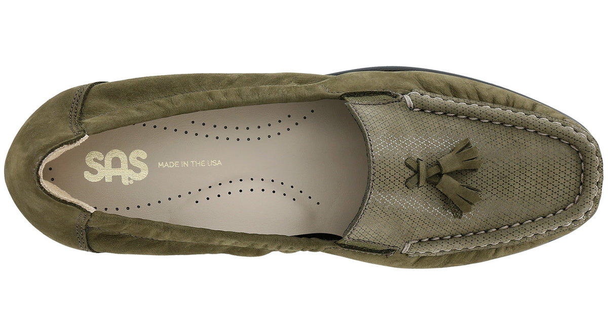 Allen's Bootery Hope green suede loafer with tassel detail, hand-laced upper, and comfortable cushioned footbed.