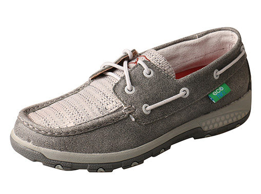 Allen's Bootery grey eco-friendly boat shoe driving moc with leather and ecoTWX tweed for women