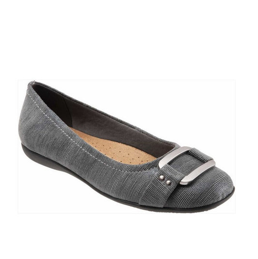 Allen's Bootery Sizzle grey metallic ballerina flat with a textured fabric upper and a decorative metal toe buckle.