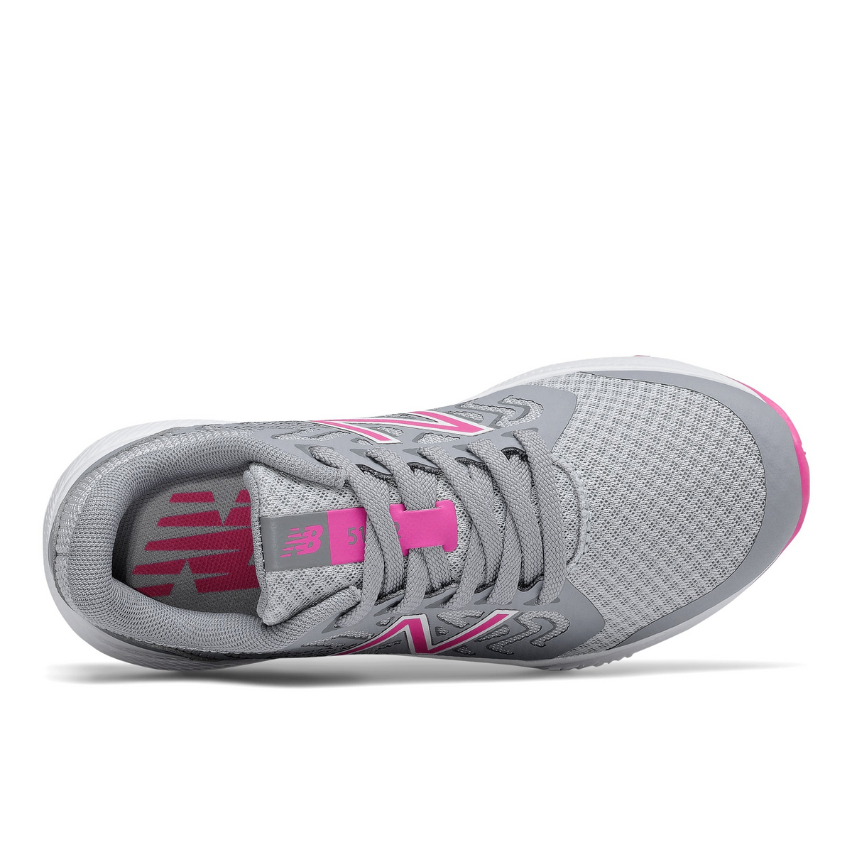 Allen's Bootery New Balance 519 V2 kids' running shoes in grey and pink with breathable mesh and no-sew overlays.