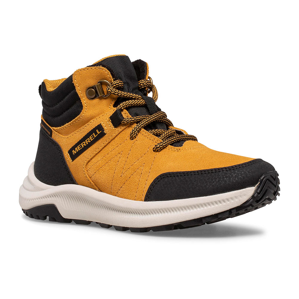 Allen's Bootery kids waterproof Greylock and wheat leather hiking boot with black accents and lace-up closure