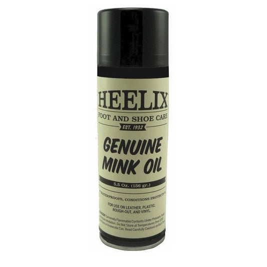 Allen's Bootery HEELIX mink oil leather conditioner spray in a 5.5 oz aerosol can for waterproofing and protection.