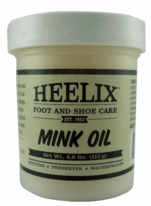 Allen's Bootery Heelix 4 oz mink oil container for conditioning and waterproofing smooth leather and vinyl goods.