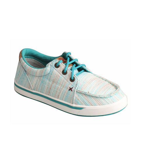Allen's Bootery Hooey Loper kids shoes in blue and multi-color striped canvas with teal laces and white rubber sole.