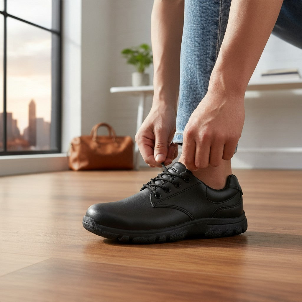 Allen's Bootery Hush Puppies Chad black leather lace-up toddler shoe being tied by a person in jeans