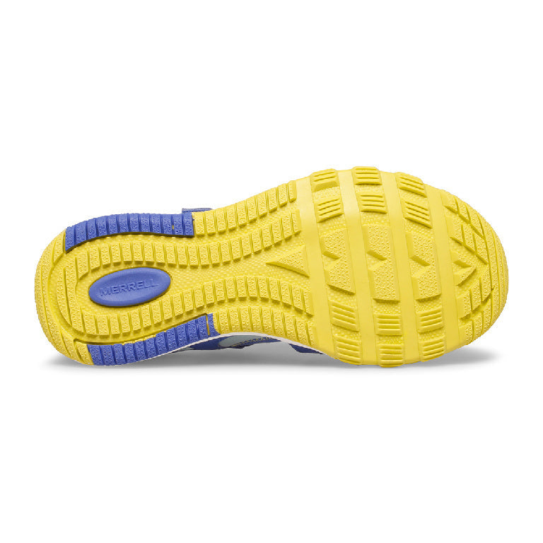Allen's Bootery Hydro Free water sandal for big kids featuring a bright yellow flexible outsole and blue heel detail.