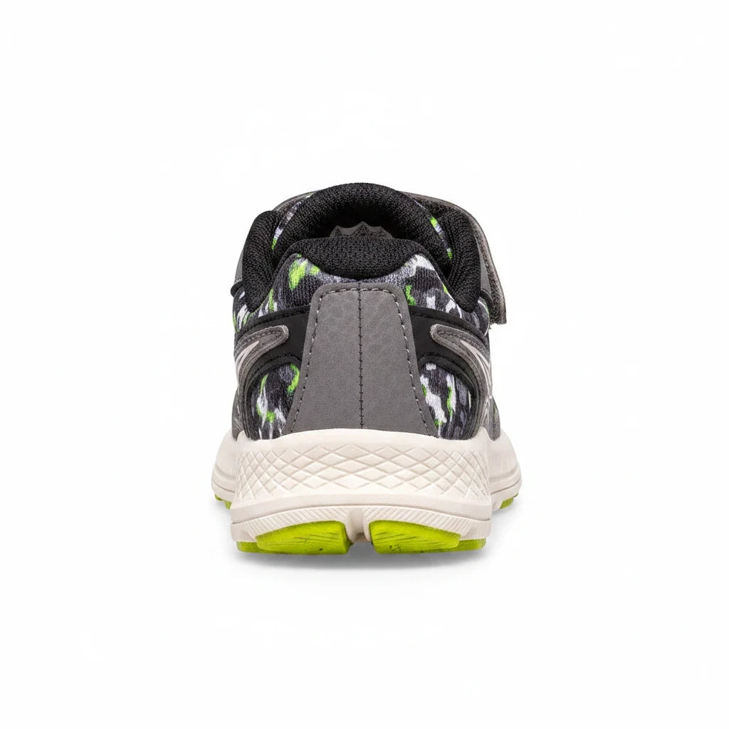 Allen's Bootery infant and toddler Ride sneaker in olive and camo print with a durable grey heel and lime green sole