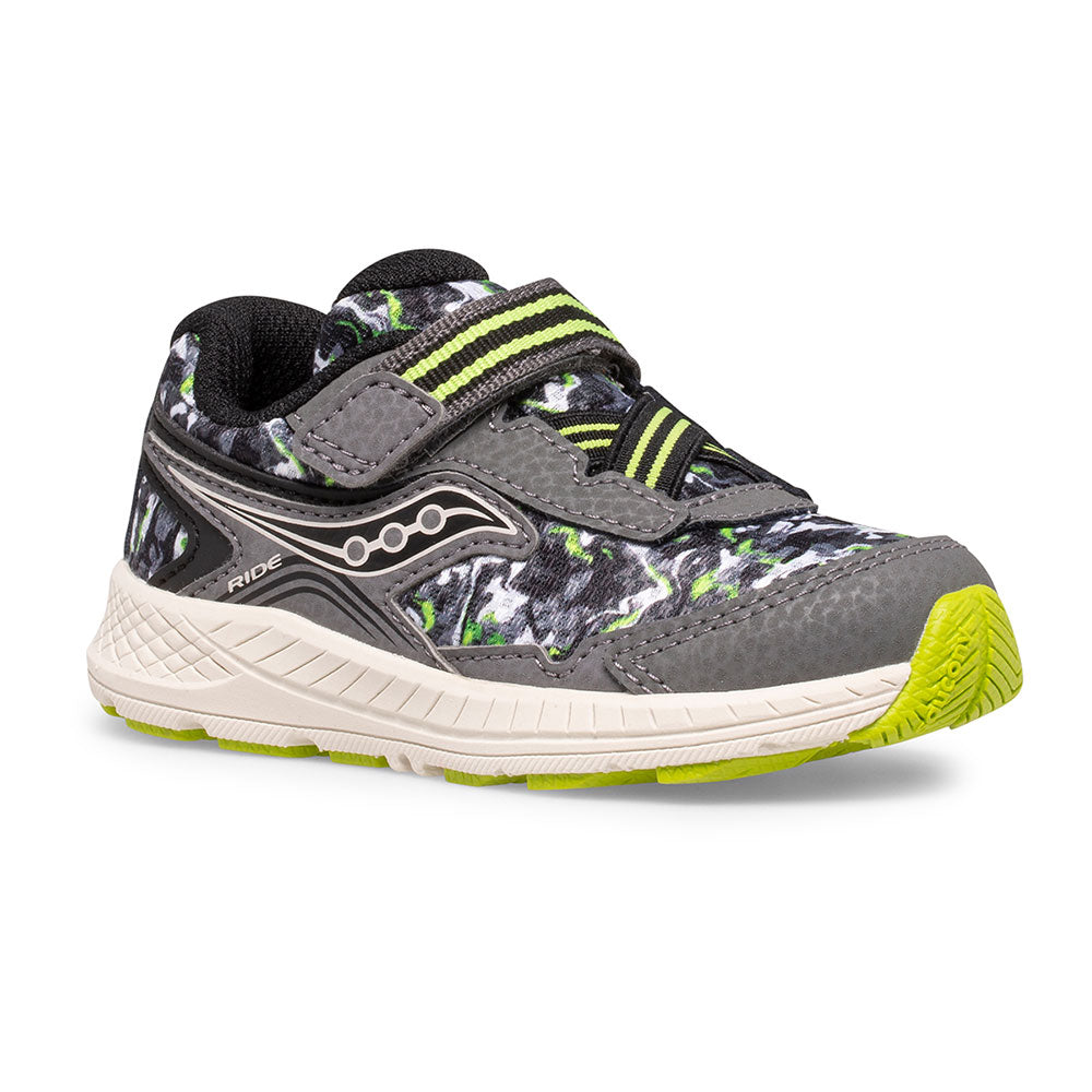 Allen's Bootery infant Ride sneakers in olive camo with mesh and leather upper, velcro strap, and lime green accents.