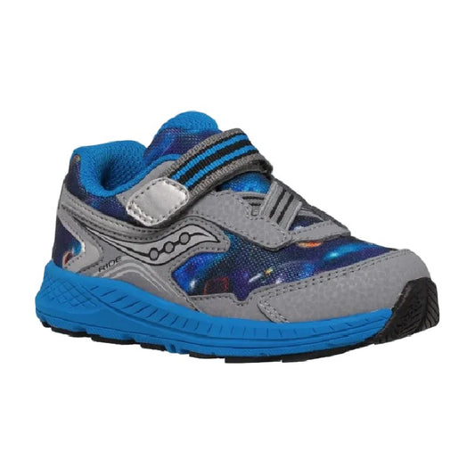 Allen's Bootery infant Ride 10 Jr sneaker in grey and blue with a space-themed print, mesh upper, and velcro strap.