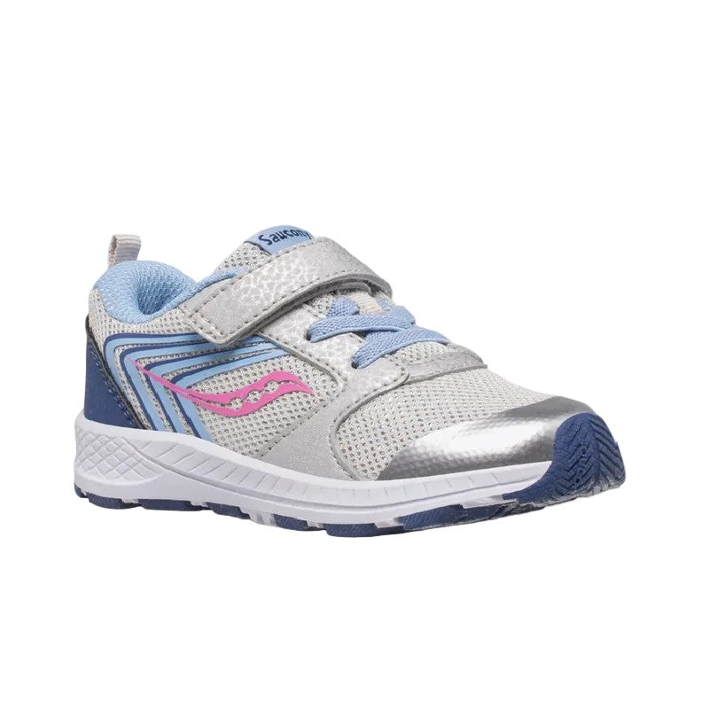 Allen's Bootery infant Wind FST Jr. sneaker in silver, blue, and pink with mesh upper and hook-and-loop closure.