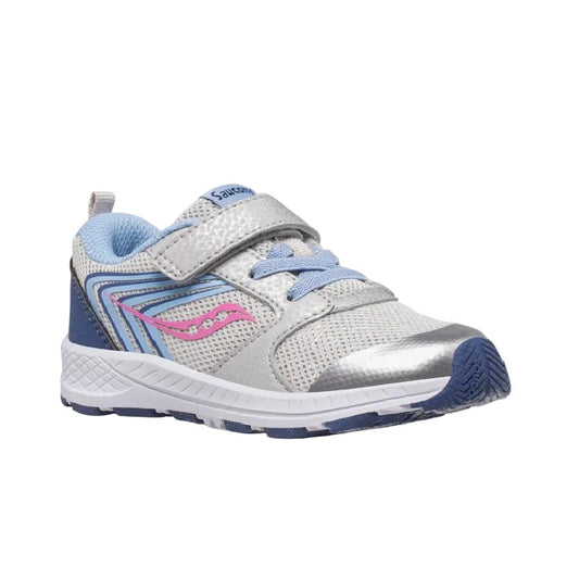 Allen's Bootery infant Wind FST Jr. sneaker in silver, blue, and pink with mesh upper and hook-and-loop closure.