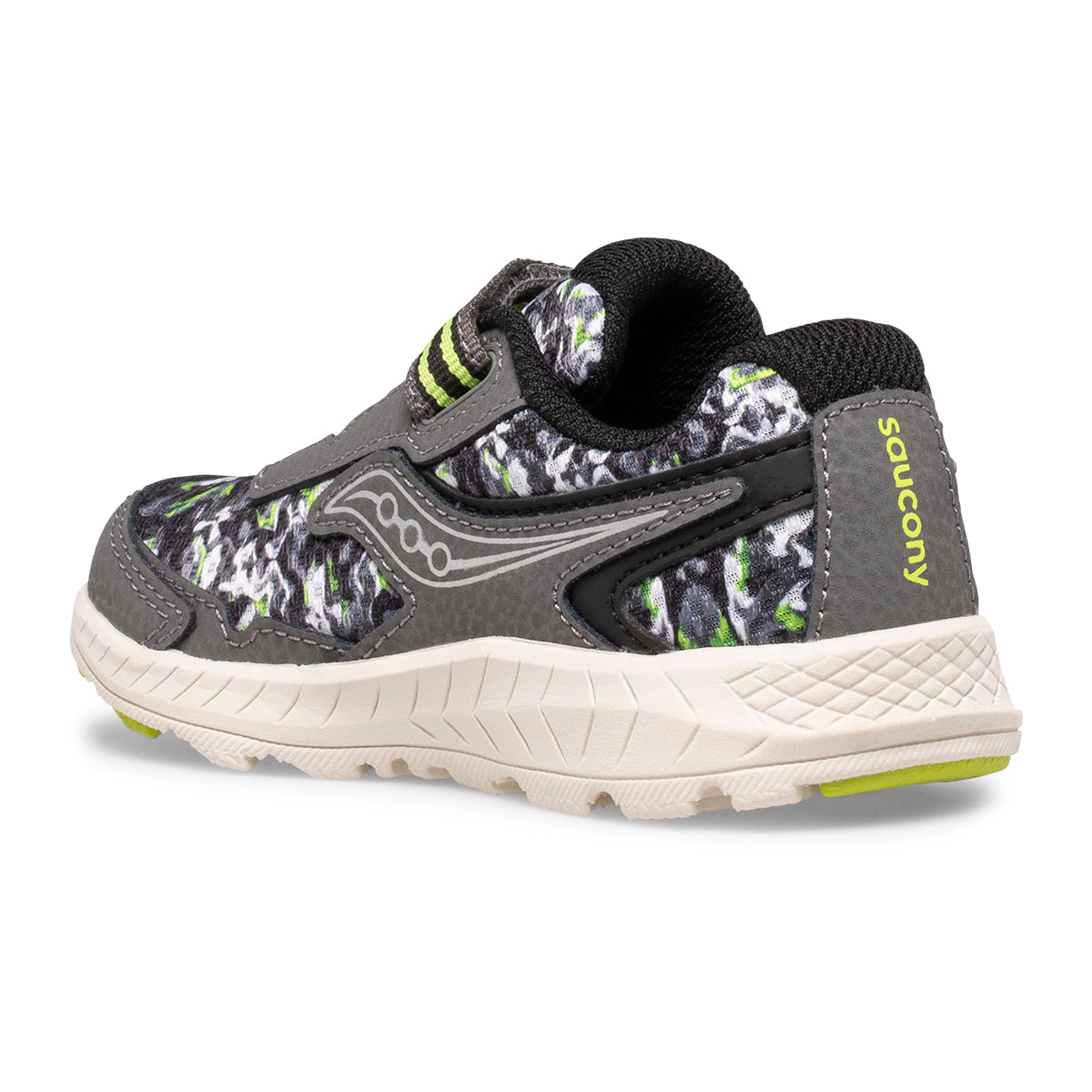 Allen's Bootery infant and toddler Ride sneaker in olive and camo print with leather and mesh upper, rear view.