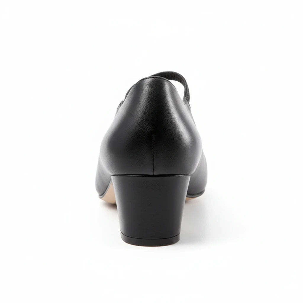 Allen's Bootery Jamie black leather pump with a wrapped block heel, viewed from the back.