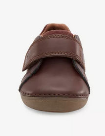 Allen's Bootery Jodie infant leather shoes in brown with hook-and-loop closure and flexible slip-resistant soles.
