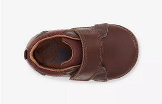 Allen's Bootery Jodie infant leather shoes in brown with hook-and-loop closure, top-down view