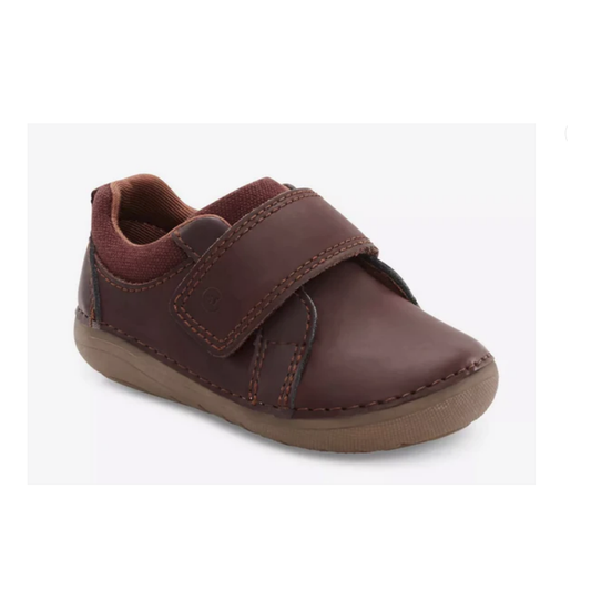 Allen's Bootery Jodie infant leather shoes in brown with a hook-and-loop closure and flexible slip-resistant sole.
