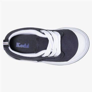 Allen's Bootery Keds Graham navy canvas toddler sneaker with white laces and cushioned collar, top-down view.