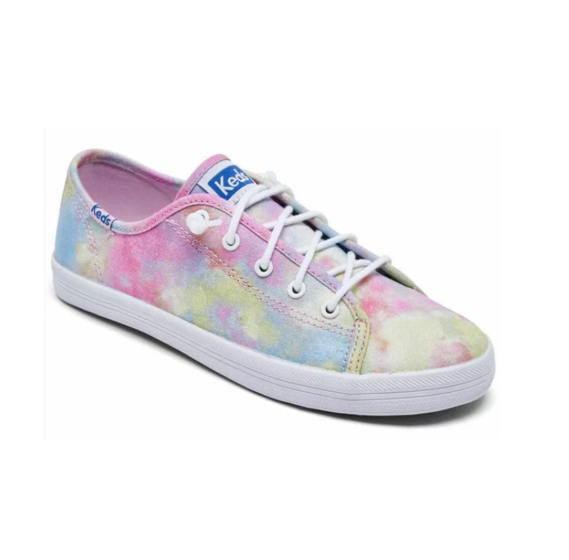 Allen's Bootery Keds Kickstart canvas sneakers featuring a vibrant pastel tie-dye pattern and white rubber soles.