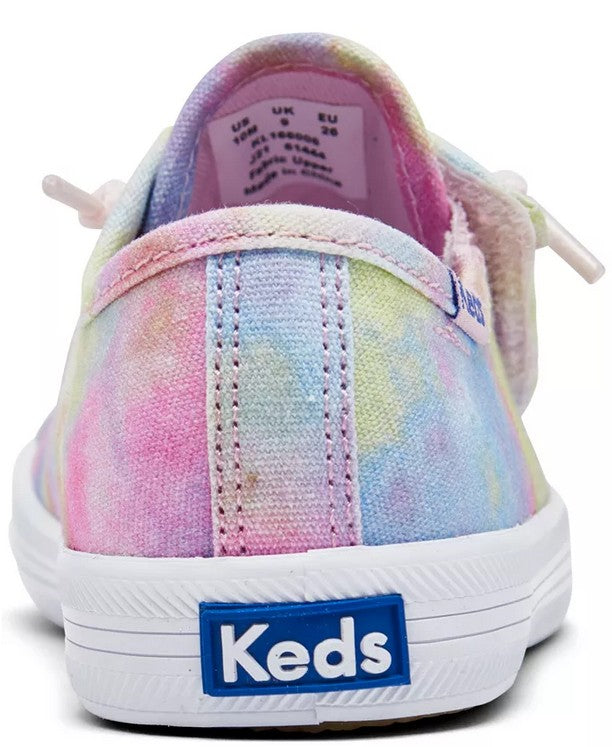 Allen's Bootery Keds Kickstart Jr. tie dye canvas sneakers for toddlers, rear view showing rubber sole and heel logo.