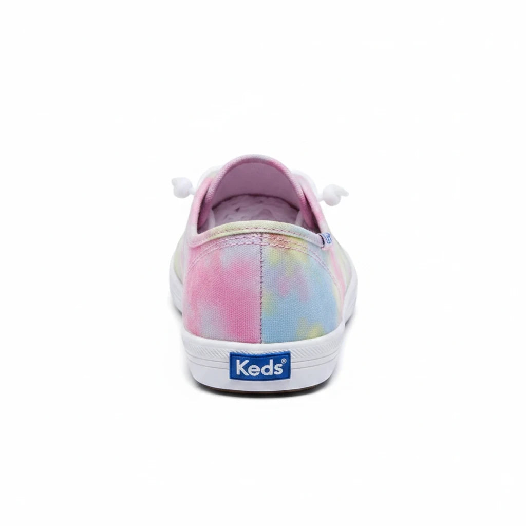 Allen's Bootery Keds Kickstart tie dye canvas sneakers for big kids, back view showing rubber sole and heel logo