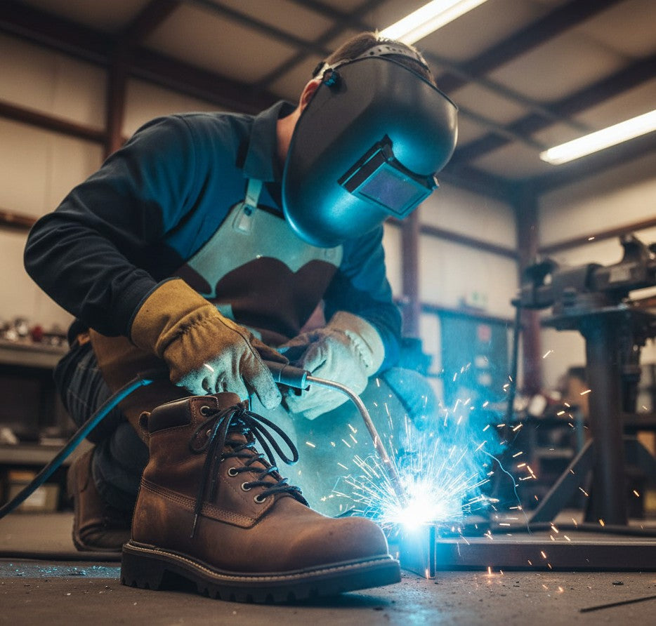 Allen's Bootery Ultra Hiker Kevlar laces on a brown leather work boot worn by a welder in a workshop.
