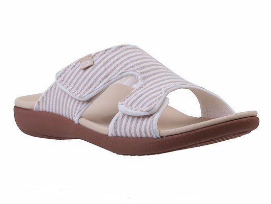 Allen's Bootery Kholo Stripe sandal in desert tan with adjustable velcro straps and a supportive comfort footbed.