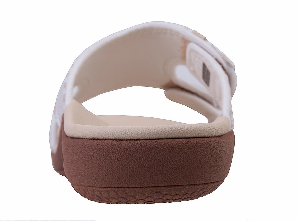 Allen's Bootery Kholo Stripe desert tan slide sandal with a supportive contoured footbed and textured brown sole.