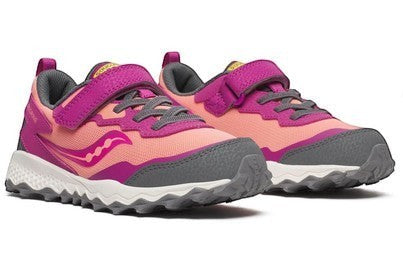 Allen's Bootery kids Peregrine KDZ berry and coral water-repellent trail sneakers with hook-and-loop closure