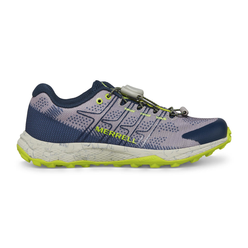 Allen's Bootery kids Moab Flight trail shoe in grey, navy, and citron with a toggle closure and speckled EVA midsole.