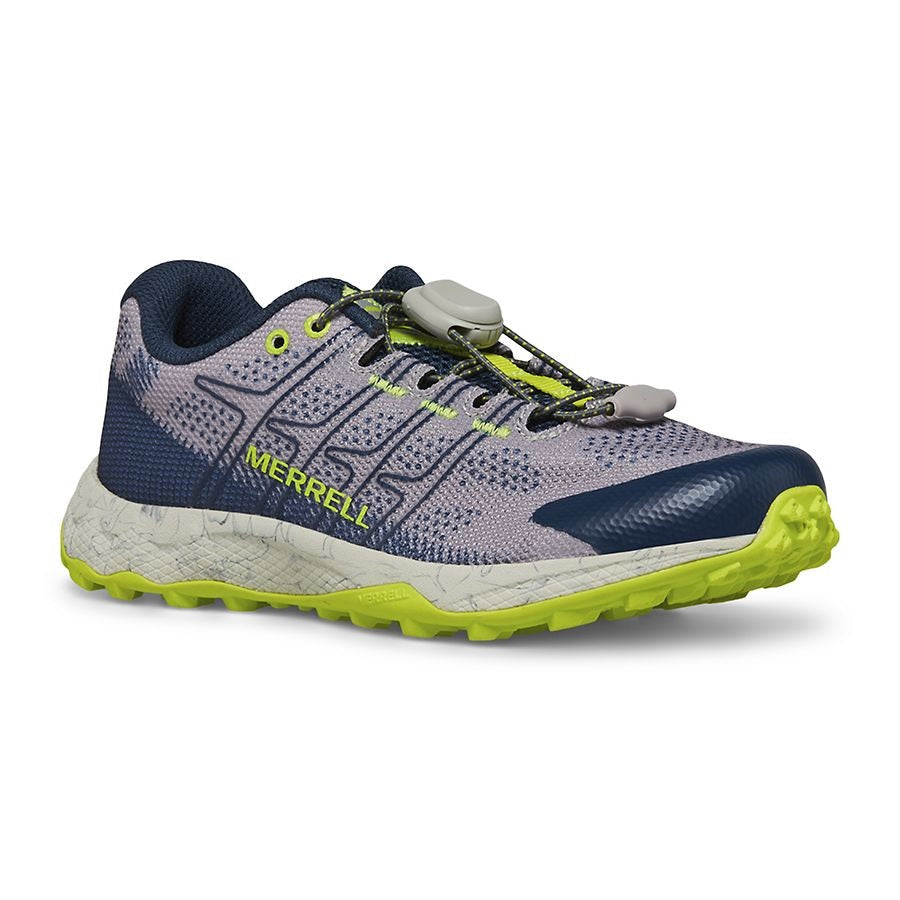 Allen's Bootery kids Merrell Moab Flight trail shoe in grey, navy, and citron with a toggle closure and EVA midsole.