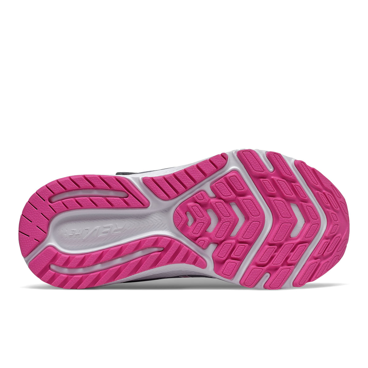 Allen's Bootery New Balance 519 V2 kids' running shoe showing the pink and white durable rubber outsole pattern