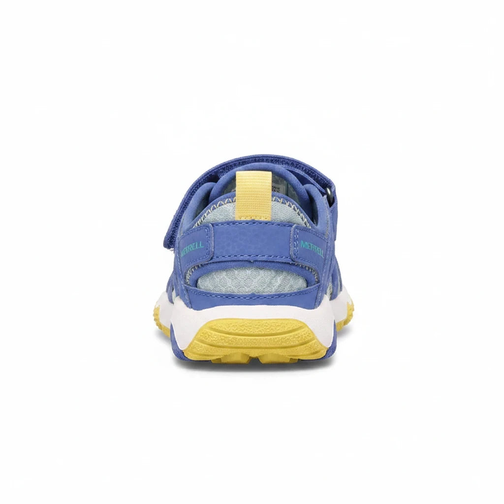 Allen's Bootery Hydro Free water sandal for kids in blue and yellow with a flexible outsole and heel pull tab