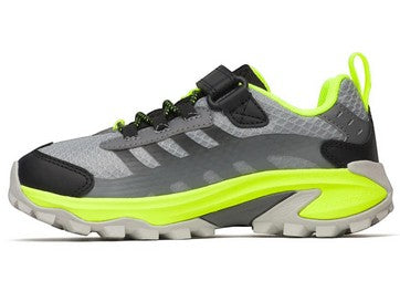 Allen's Bootery kids waterproof hiking sneaker in grey, black, and neon yellow with hook and loop closure.