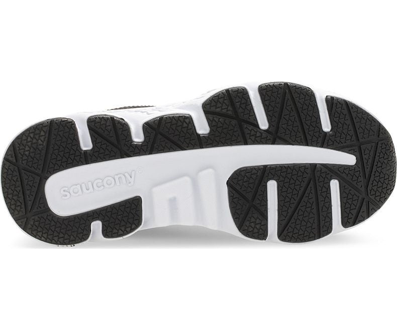Allen's Bootery Little Kid's Wind Black sneaker showing the durable black and white rubber outsole tread pattern.