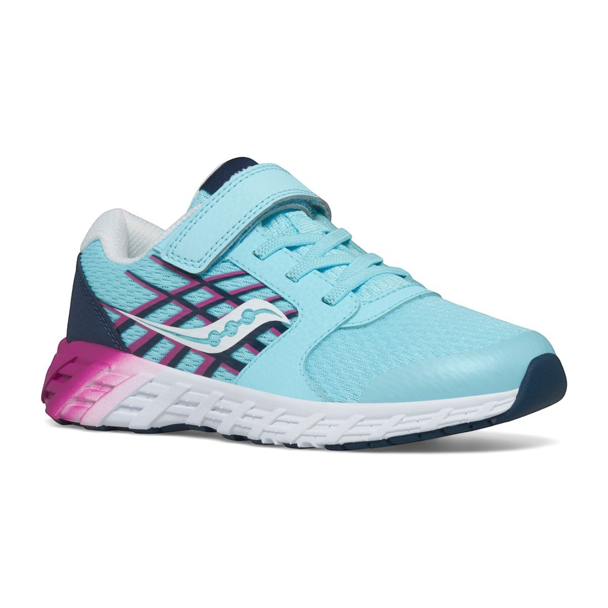 Allen's Bootery Little Kid's Wind A/C 2.0 sneaker in light blue and pink with breathable mesh and leather upper.