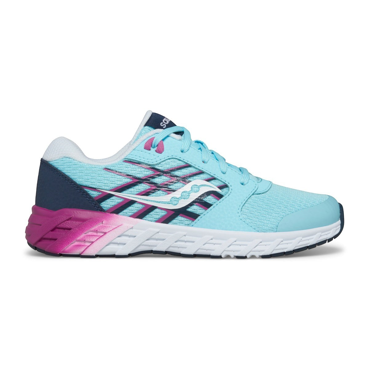 Allen's Bootery Little Kid's Wind 2.0 sneaker in blue and pink with mesh and leather upper and lace-up closure.