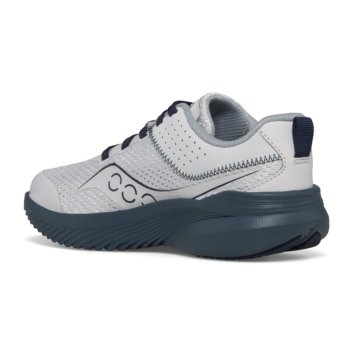 Allen's Bootery Big Kid's Kinvara 14 performance running shoe in grey, blue, and green with breathable mesh upper.