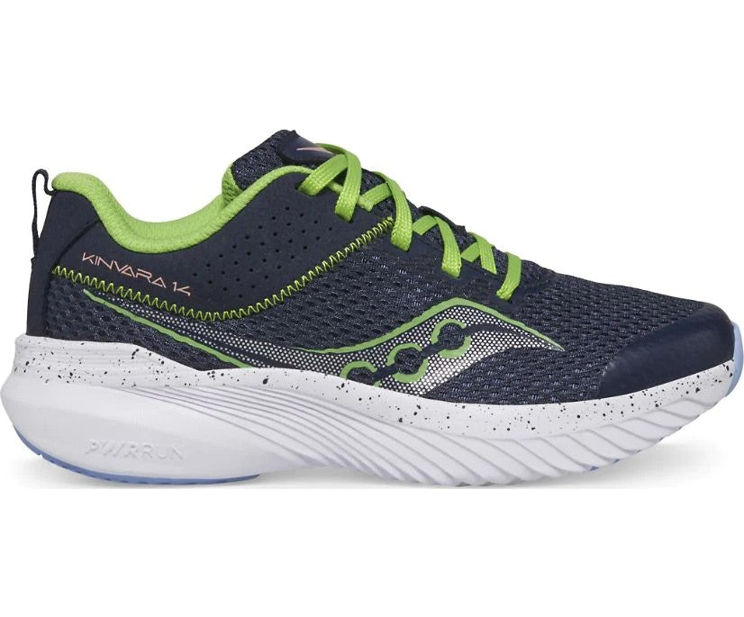 Allen's Bootery Big Kids' Kinvara 14 running shoe in navy mesh with lime green laces and white speckled midsole.