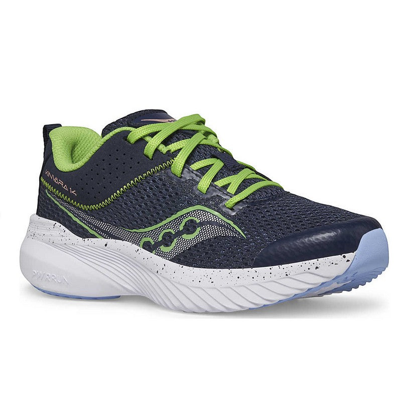 Allen's Bootery Little Kid's Kinvara 14 navy and green lightweight mesh running shoe with white speckled sole