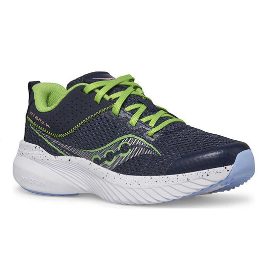 Allen's Bootery Little Kid's Kinvara 14 navy and green lightweight mesh running shoe with white speckled sole