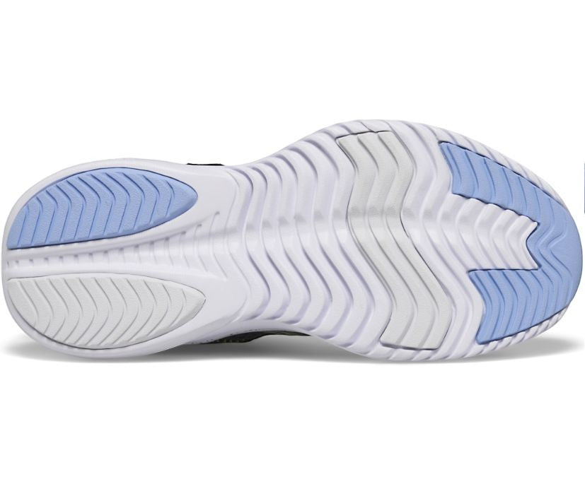 Allen's Bootery Kinvara 14 A/C kids running shoe white EVA midsole with blue and grey rubber traction pods