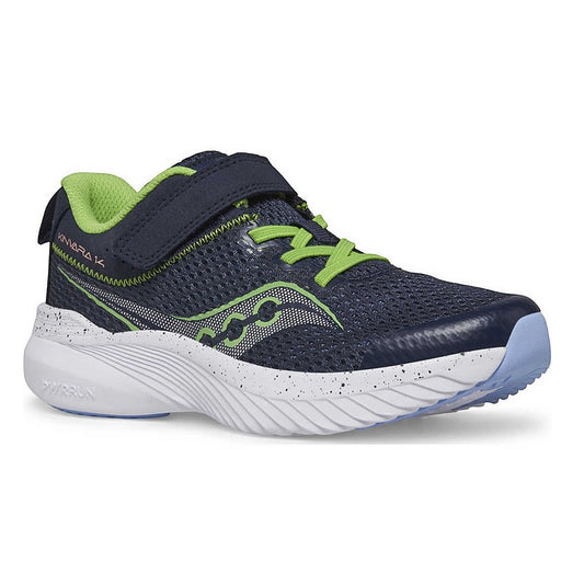 Allen's Bootery Kinvara 14 A/C kids' running shoe in navy mesh with green accents and a white speckled EVA midsole.