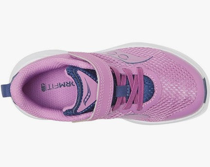 Allen's Bootery Kinvara 14 A/C kids' running shoe in grape and indigo with breathable mesh and hook-and-loop closure