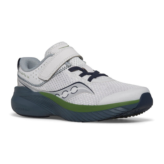 Allen's Bootery grey, blue, and green Kinvara 14 kids' running sneaker with mesh upper and hook-and-loop closure.