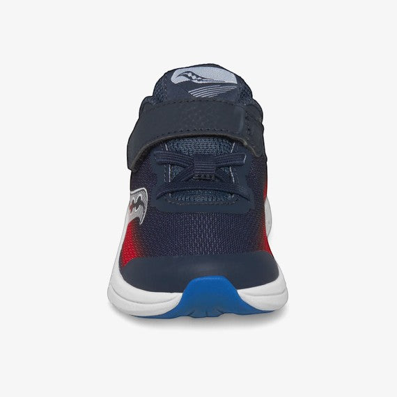 Allen's Bootery Kinvara 14 A/C kids running shoe in navy and red with a hook-and-loop strap and white midsole