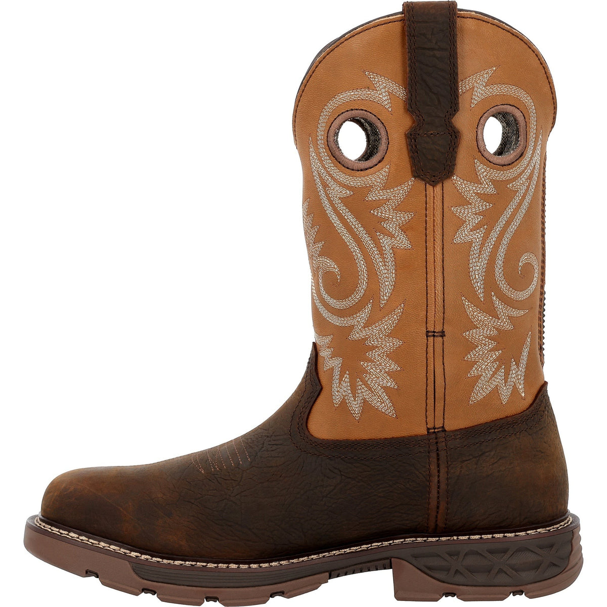 Allen's Bootery brown and rust full-grain leather Carbo-Tec FLX waterproof alloy toe western work boot with pull loops.