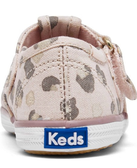 Allen's Bootery infant Keds Champion leopard print sneaker, back view showing pink textile upper and rubber outsole.
