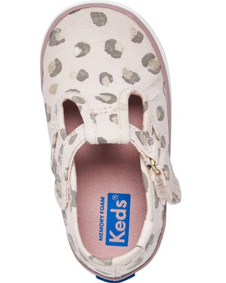 Allen's Bootery infant Keds T-strap shoe in beige with a metallic leopard print and memory foam insole