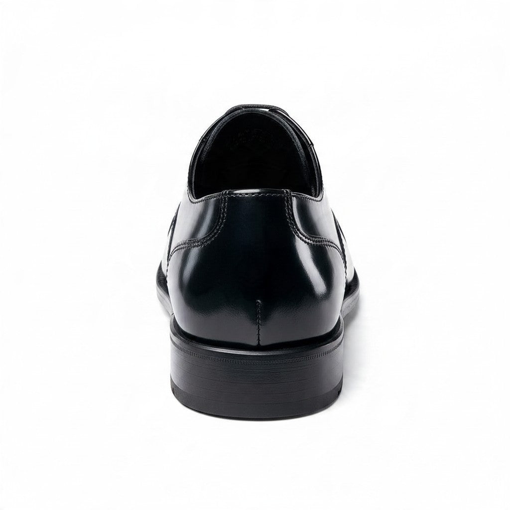 Allen's Bootery Lexington black leather oxford dress shoe, rear view showing heel and polished finish.