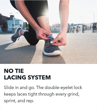 Allen's Bootery LOCK LACES blue elastic no-tie shoelaces being adjusted on a running shoe by a kneeling athlete